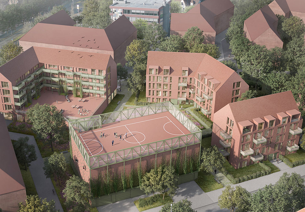 Visualisierung eines Wohnquartiers mit begrüntem Dach-Sportplatz