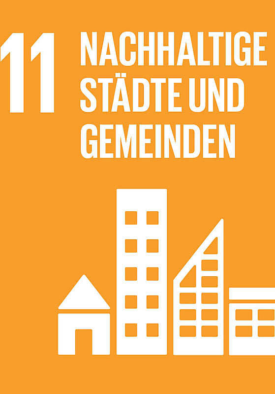 SDG 11 Schriftzug Nachhaltige Städte und Gemeinden mit Gebäudesymbol
