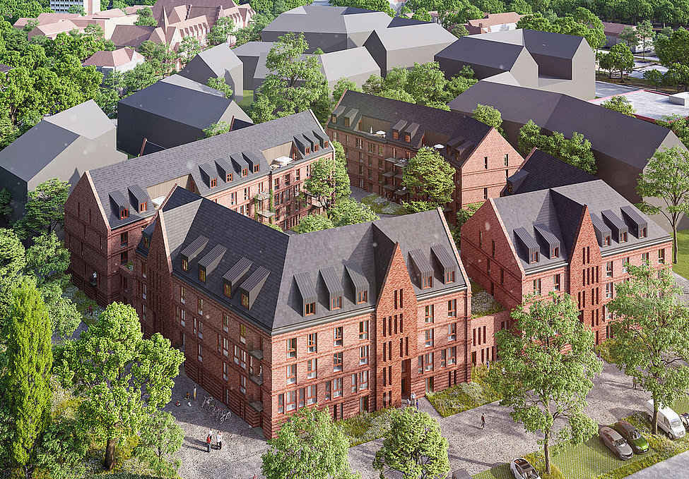 Visualisierung rote Backsteinwohnhäuser im Grünen Viertel Stephansstift